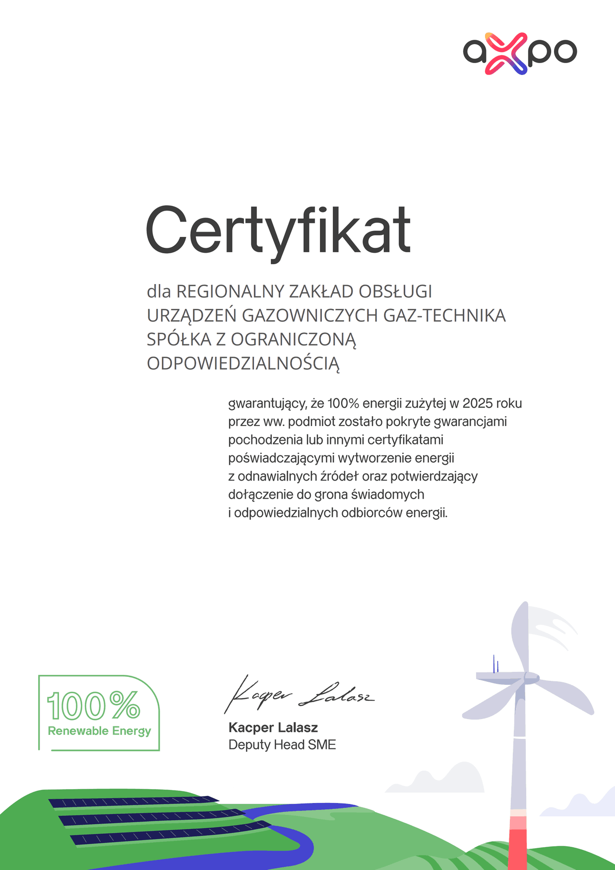 Certyfikat 100% zielona energia